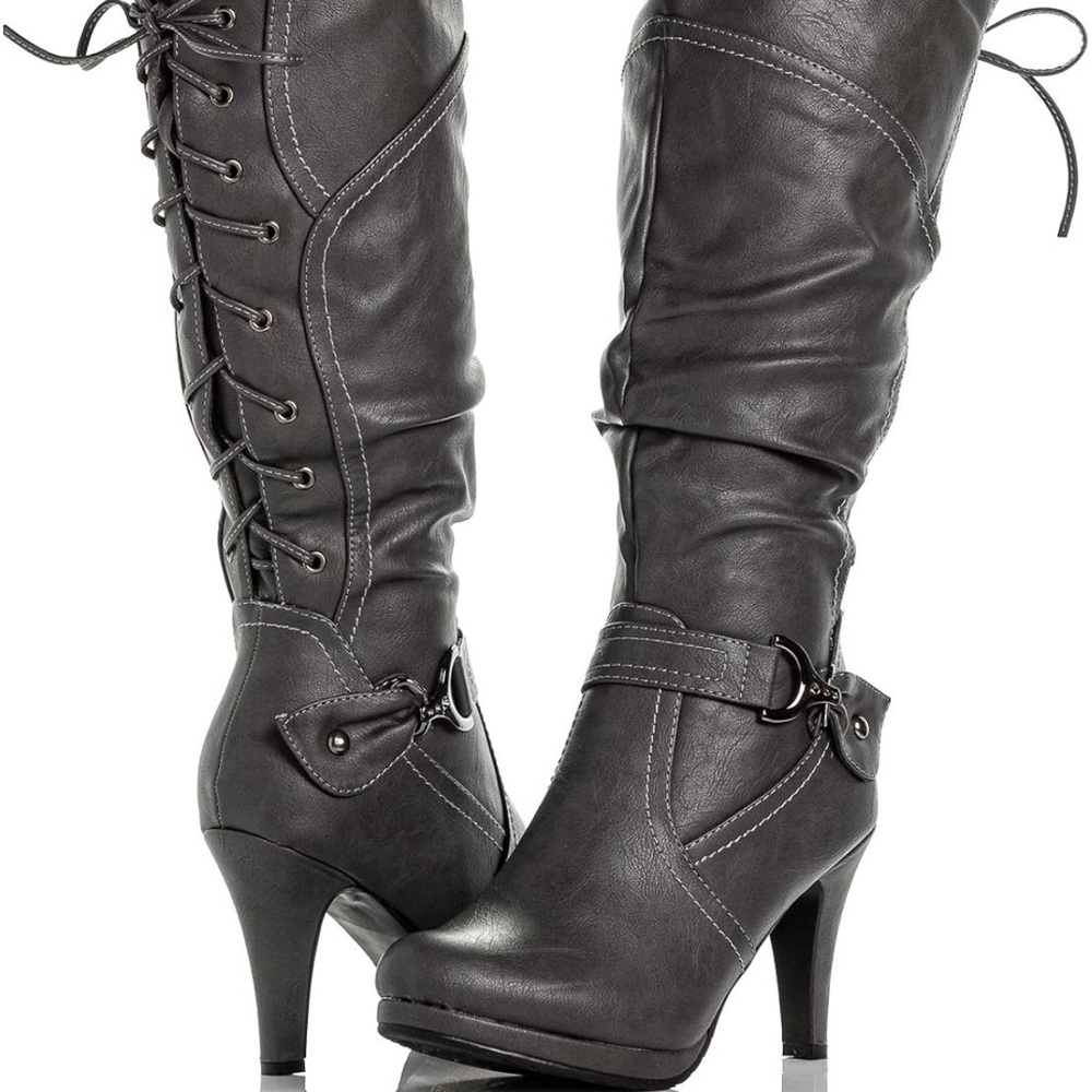 Women's Knee High Vegan Round Toe Lace Up Style Full grey corset